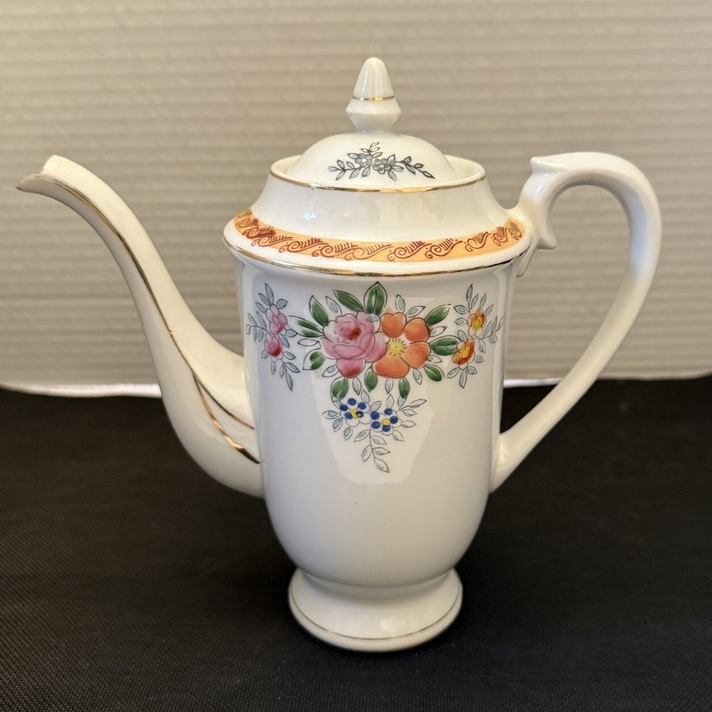 7.5" Tall Teapot From Occupied Japan W/ Pink Blue & Orange‎ Flowers Gold Accents